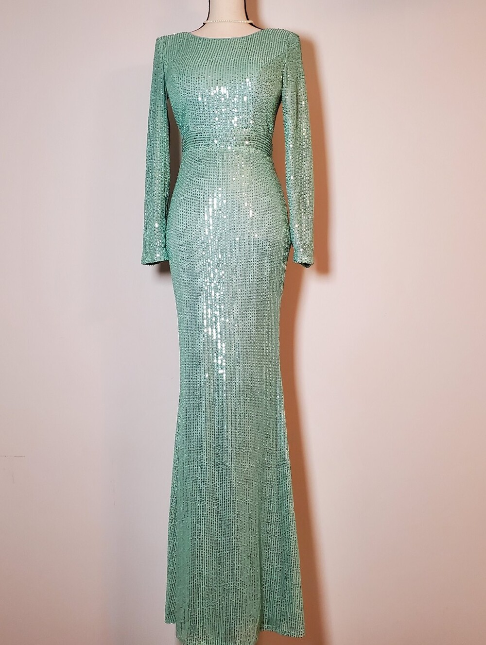 Miss Ord Mint Sequin Long Sleeve Floorlength Evening Gown with Train Size Small
